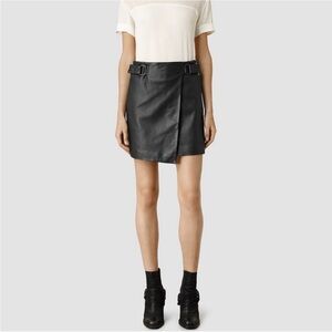 AllSaints Black Leather Wrap Mini Skirt, 8